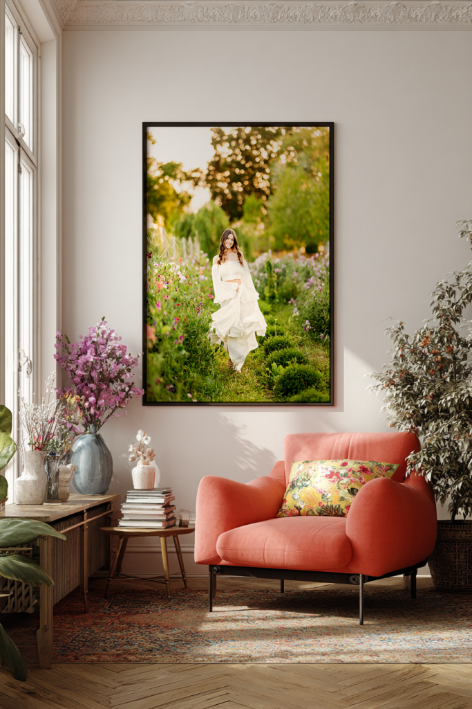 wall art displayed from a senior photo session with a girl in a white dress in a flower field. 