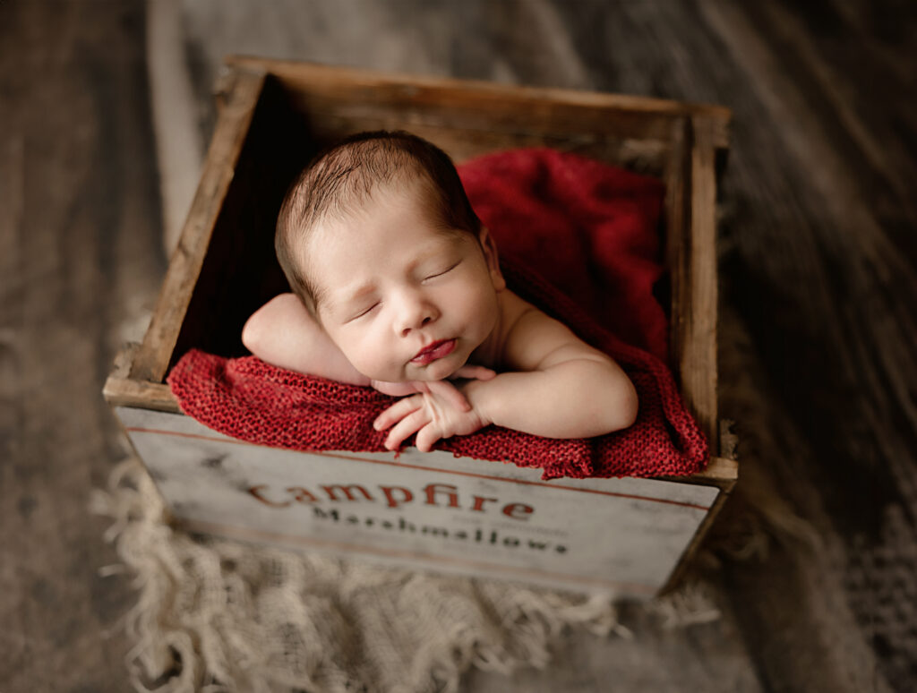 Head on hands pose with baby in a crate sleeping. Newborn Photo Session, elk grove, CA 
